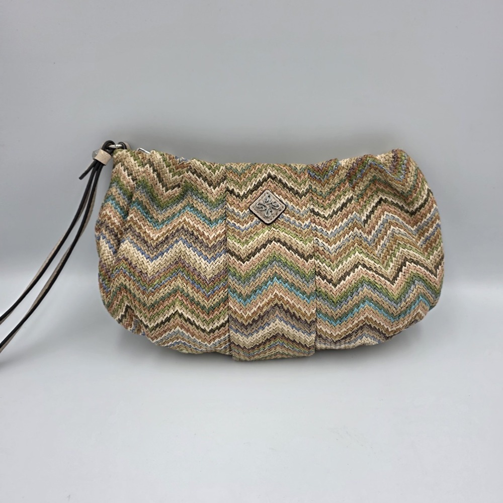 Simply Vera‎ ~Vera Wang Straw Wrislet Clutch Purse Stripes Brown Green Tan Blue